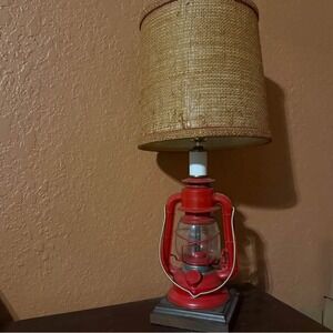 Red Lantern Lamp Rustic Burlap Cabin Decor - 21 Inches Tall